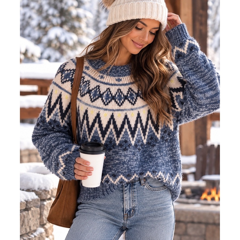American Eagle Blue Fair Isle Knit Sweater Womens Medium Recycled Polyester M